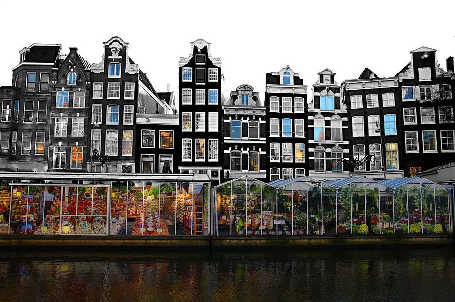 Floating flower shops of Bloemenmarkt in Amsterdam, Netherlands
