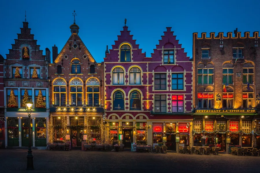 Central market during night in Bruges, Belgium